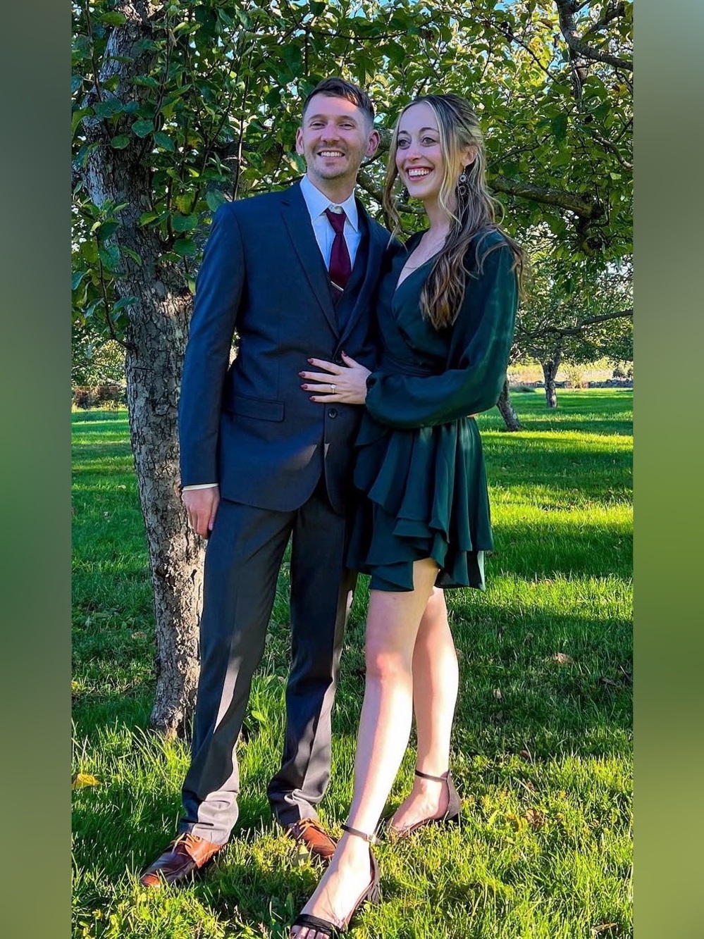Long Sleeve V-Neck Ruffle Tiered Dress in Deep Green
